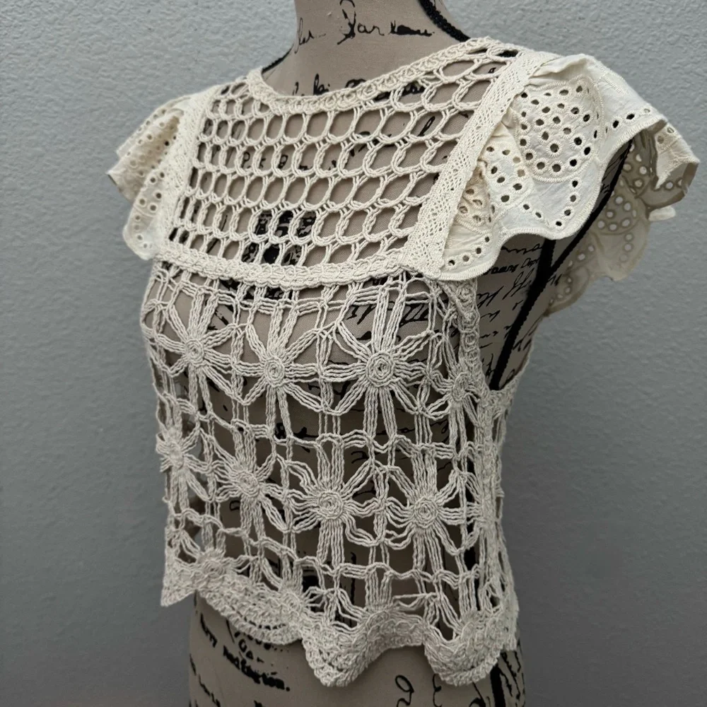 Altar'd State Crochet Open Knit Boho Crop Top Beige Size Small
